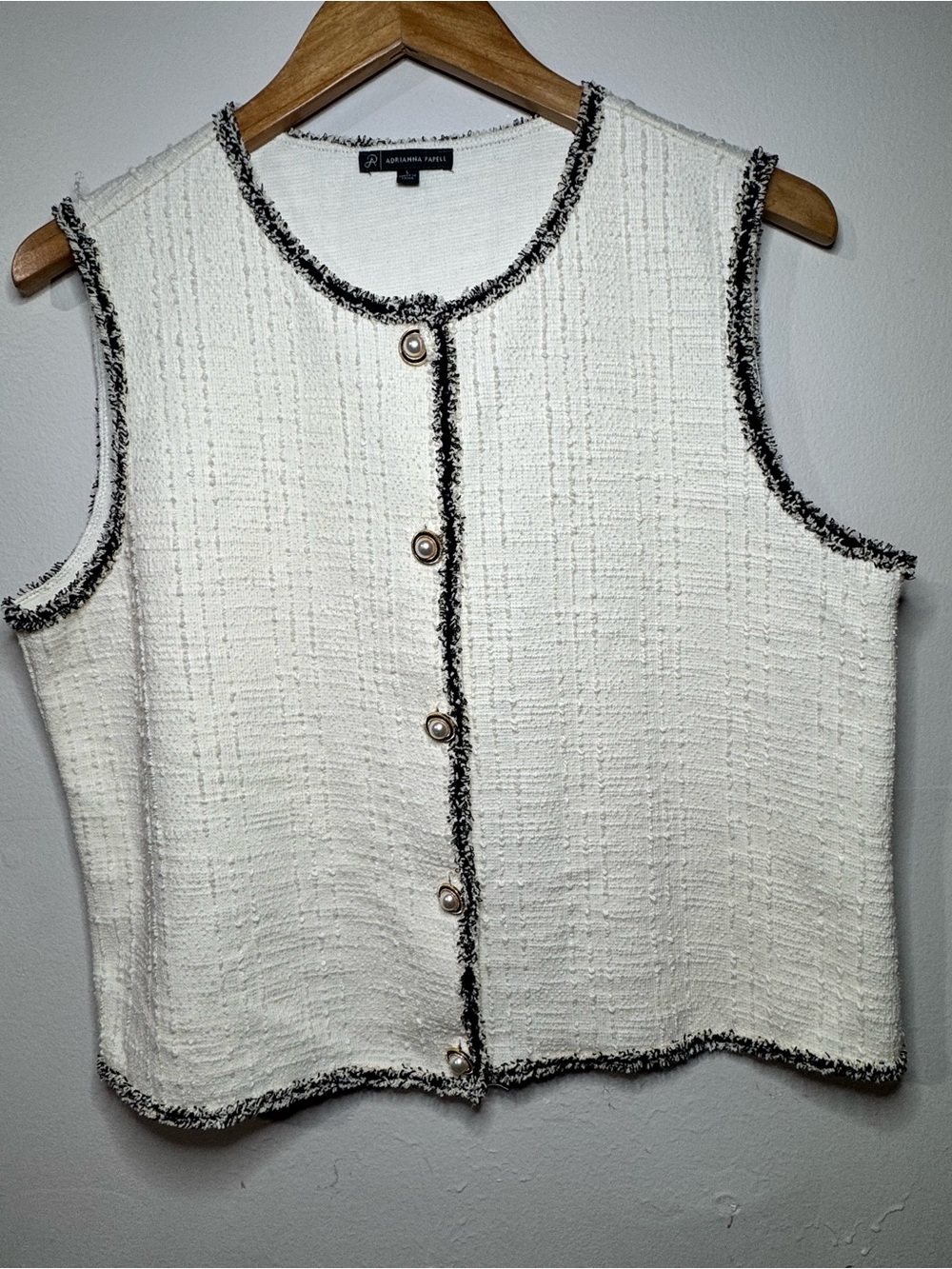 Adrianna Papell Cream Tweed Sleeveless Button-Front Top with Black Trim - Picture 2 of 9